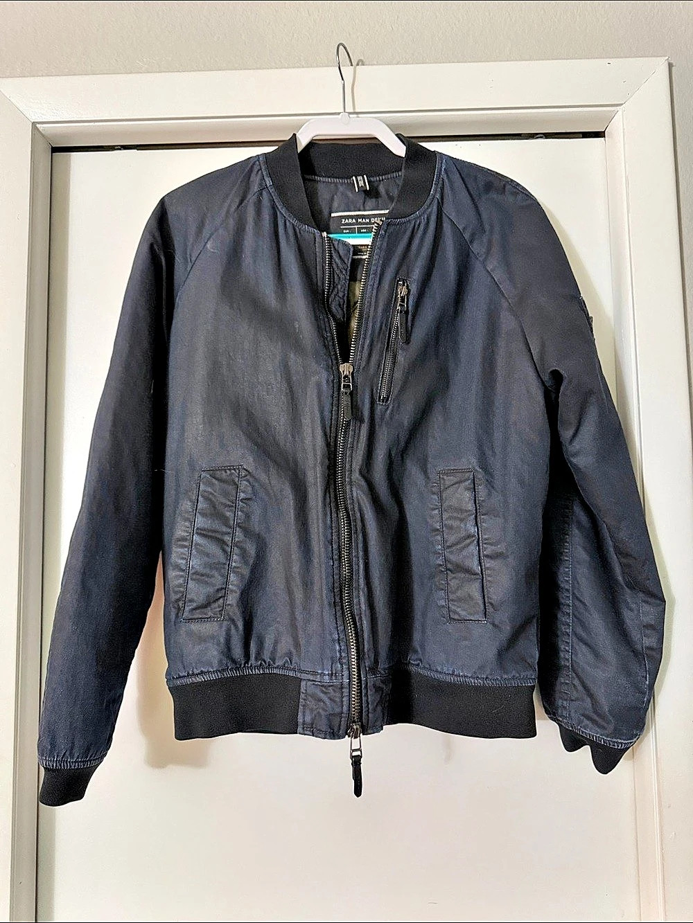 Zara Man Denim Bomber Jacket Bomber Jacket in Black Size Large